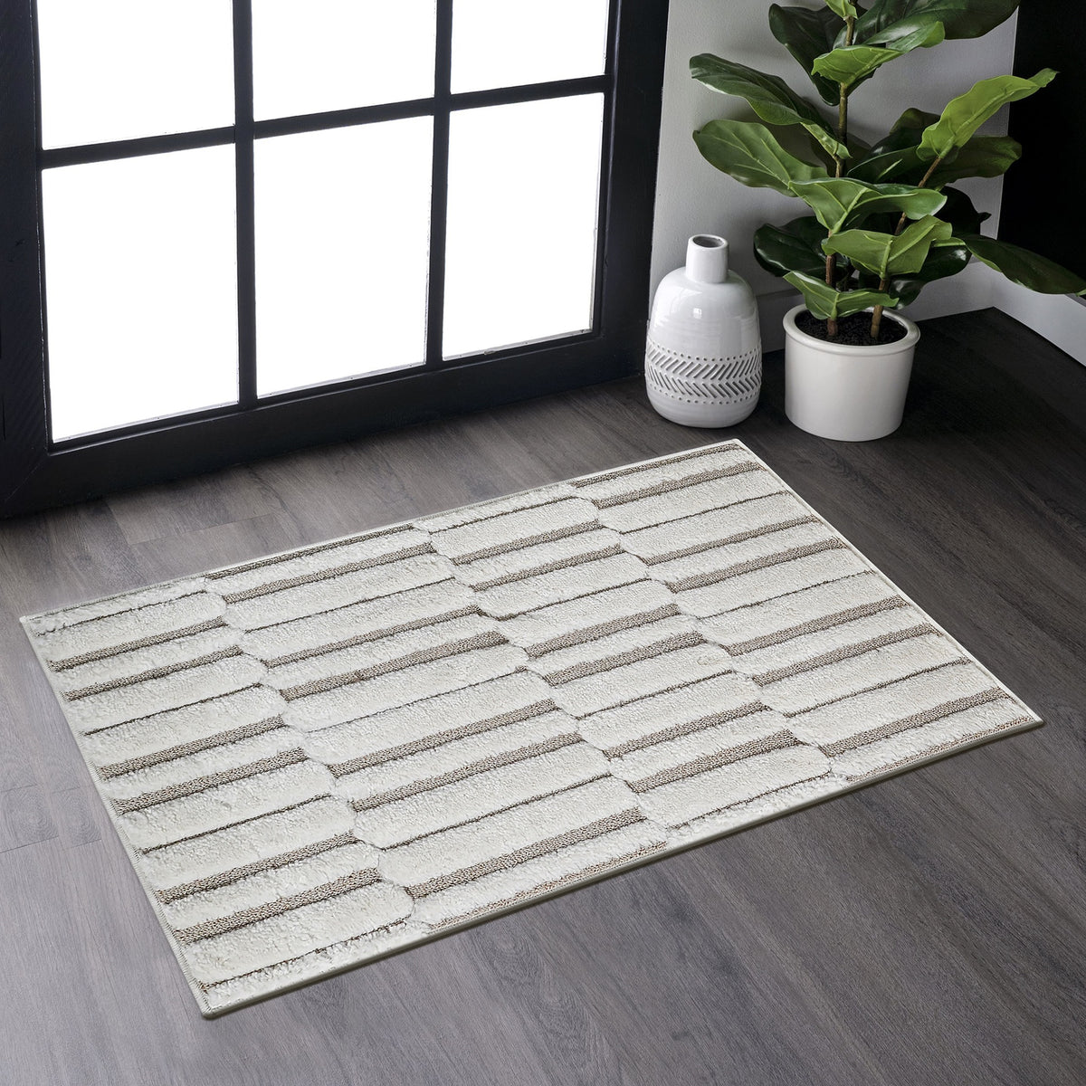 Step Collection High-Low Striped Beige/Cream Indoor Area Rug, 2'x3', Modern, Contemporary, Geometric, Bohemian, Bedroom, Kitchen, Living Room, Doormat, Non Shedding Carpet