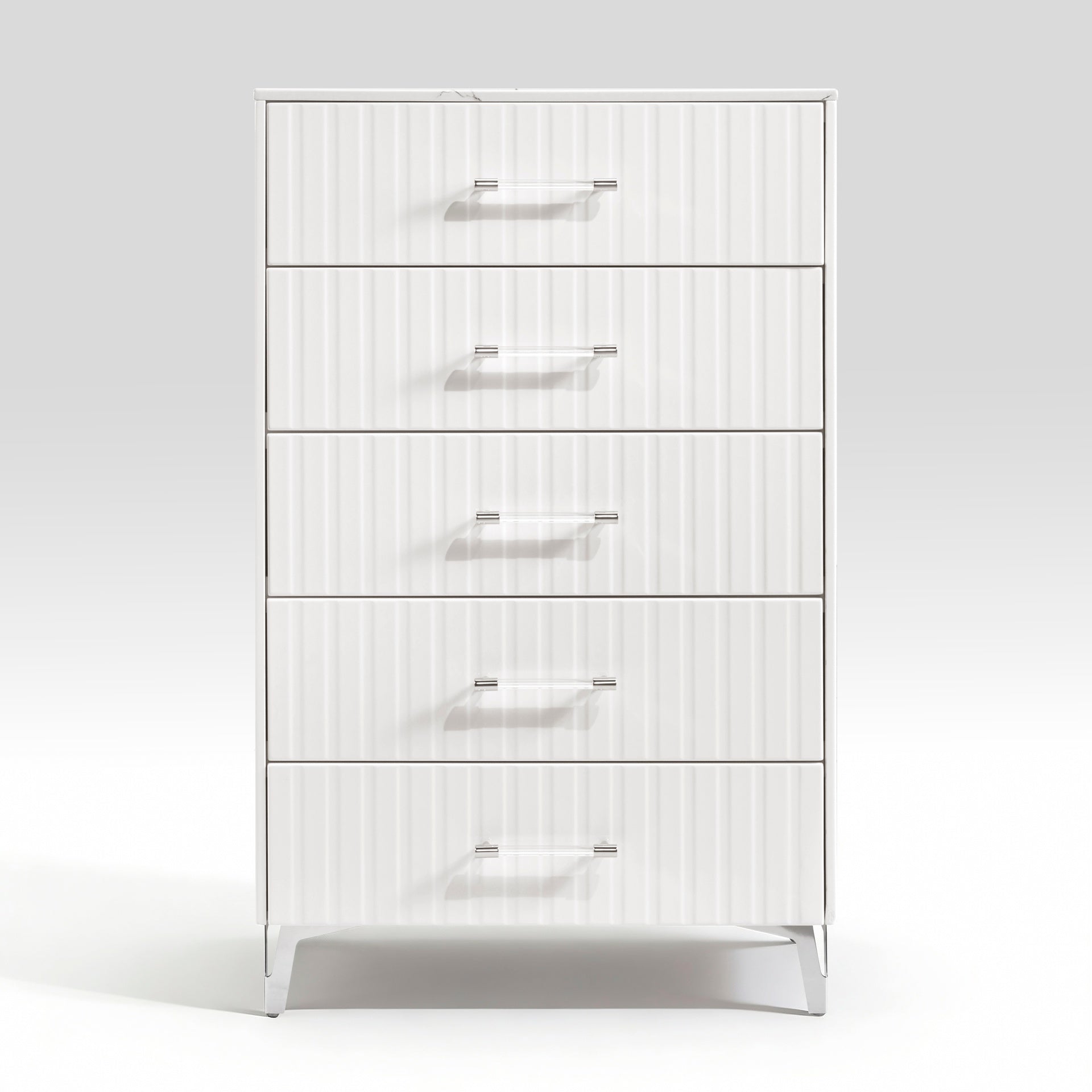 Glam White Chest of 5x Storage Drawers Faux Marble Laminated Top Chrome Metal Legs Bedroom Furniture 1pc