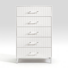 Glam White Chest of 5x Storage Drawers Faux Marble Laminated Top Chrome Metal Legs Bedroom Furniture 1pc
