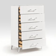 Glam White Chest of 5x Storage Drawers Faux Marble Laminated Top Chrome Metal Legs Bedroom Furniture 1pc