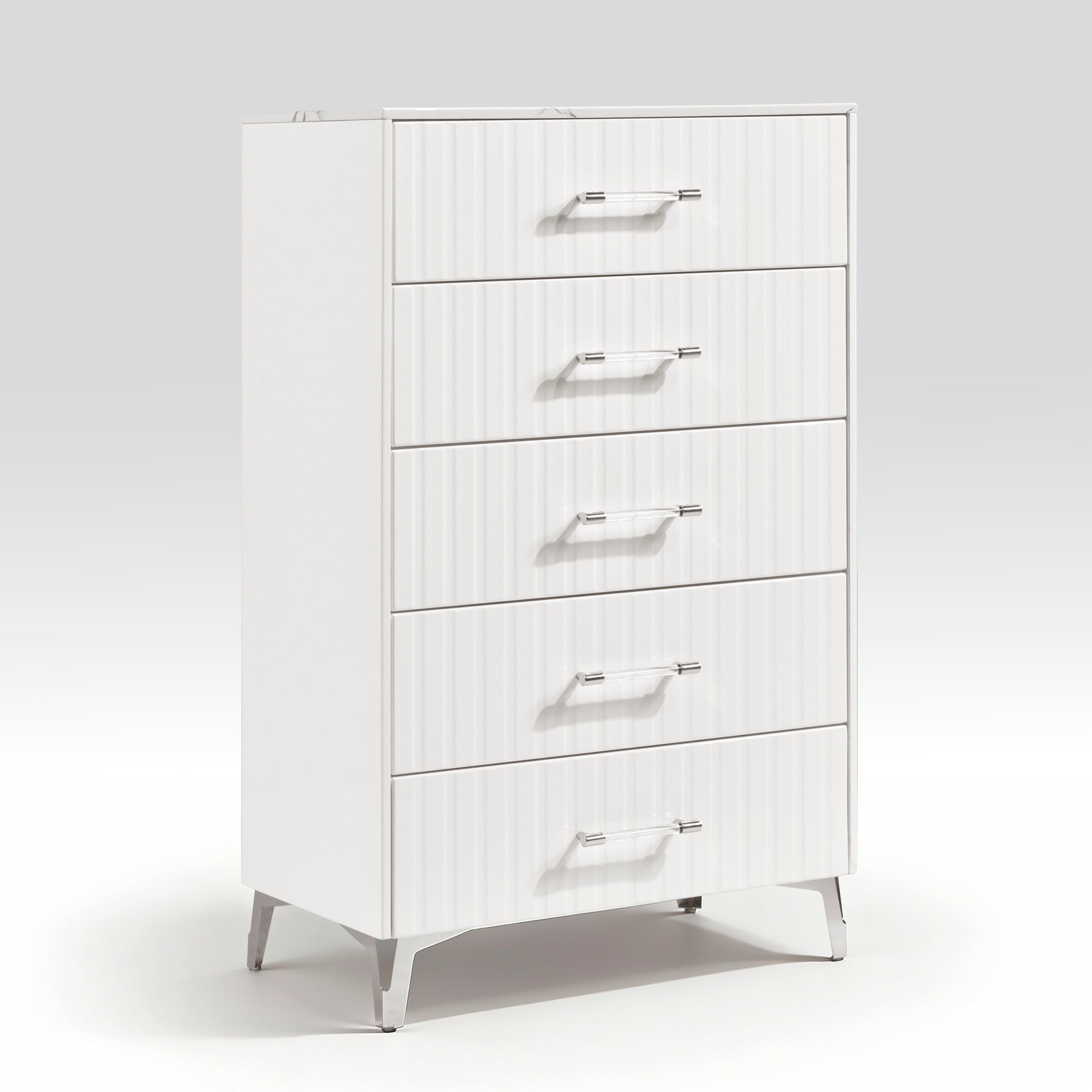 Glam White Chest of 5x Storage Drawers Faux Marble Laminated Top Chrome Metal Legs Bedroom Furniture 1pc