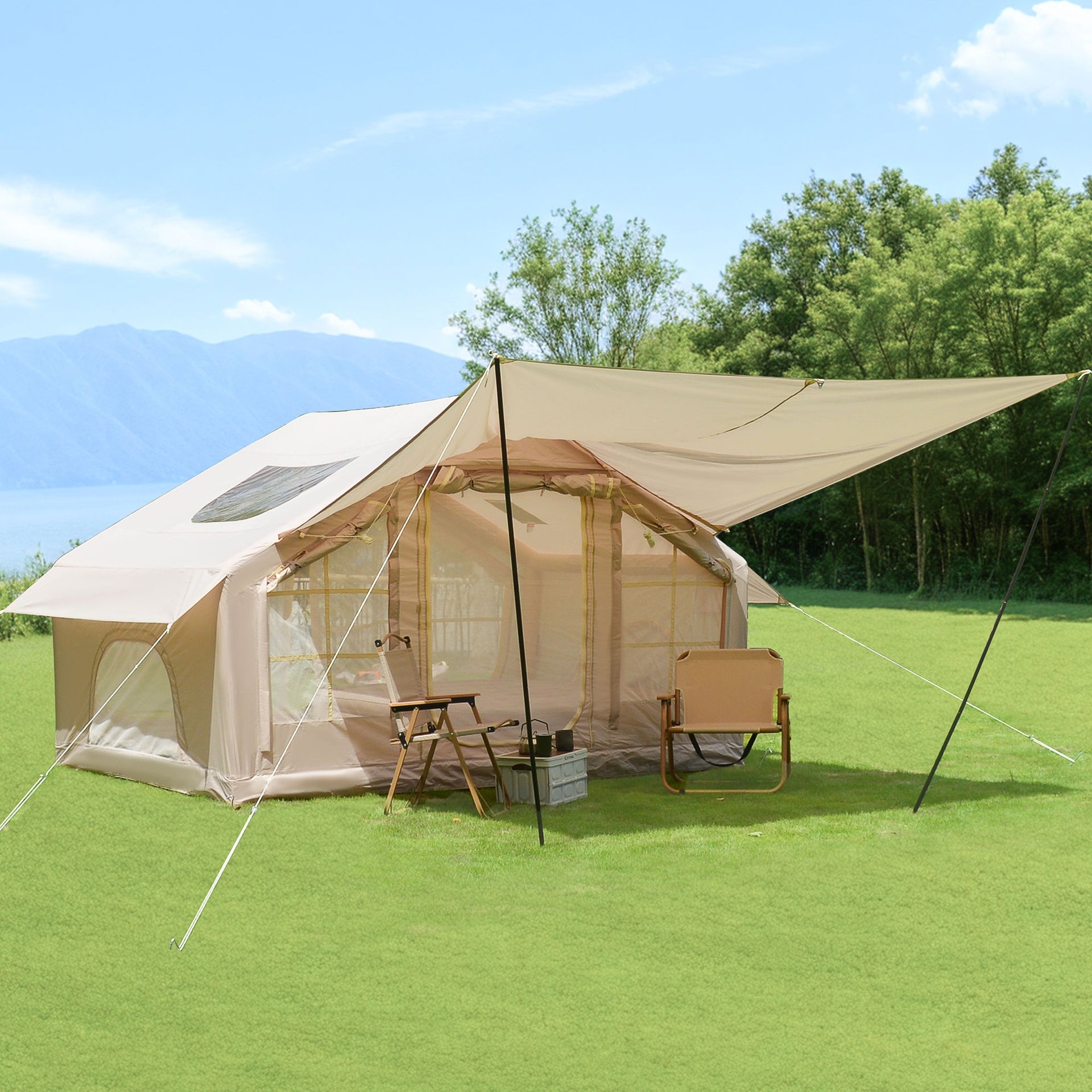 6.3m ² Inflatable Camping Tent with canopy , 4 Season Waterproof Windproof, Clear Skylight & 420D Oxford Waterproof, Air Tent with Mesh Windows/Doors