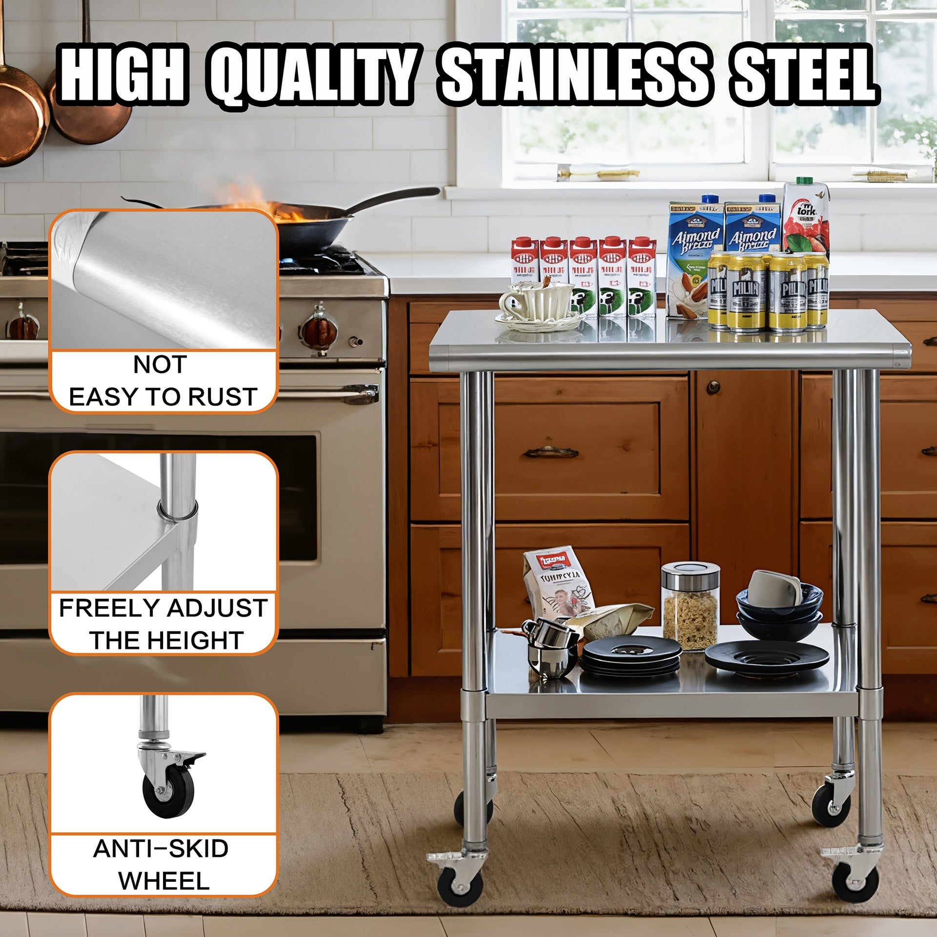 Stainless Steel Table with Wheels, Stainless Table for Prep & Work, 24x30x36 Inch Commercial NSF Metal Table for Restaurant Kitchen Hotel Garage