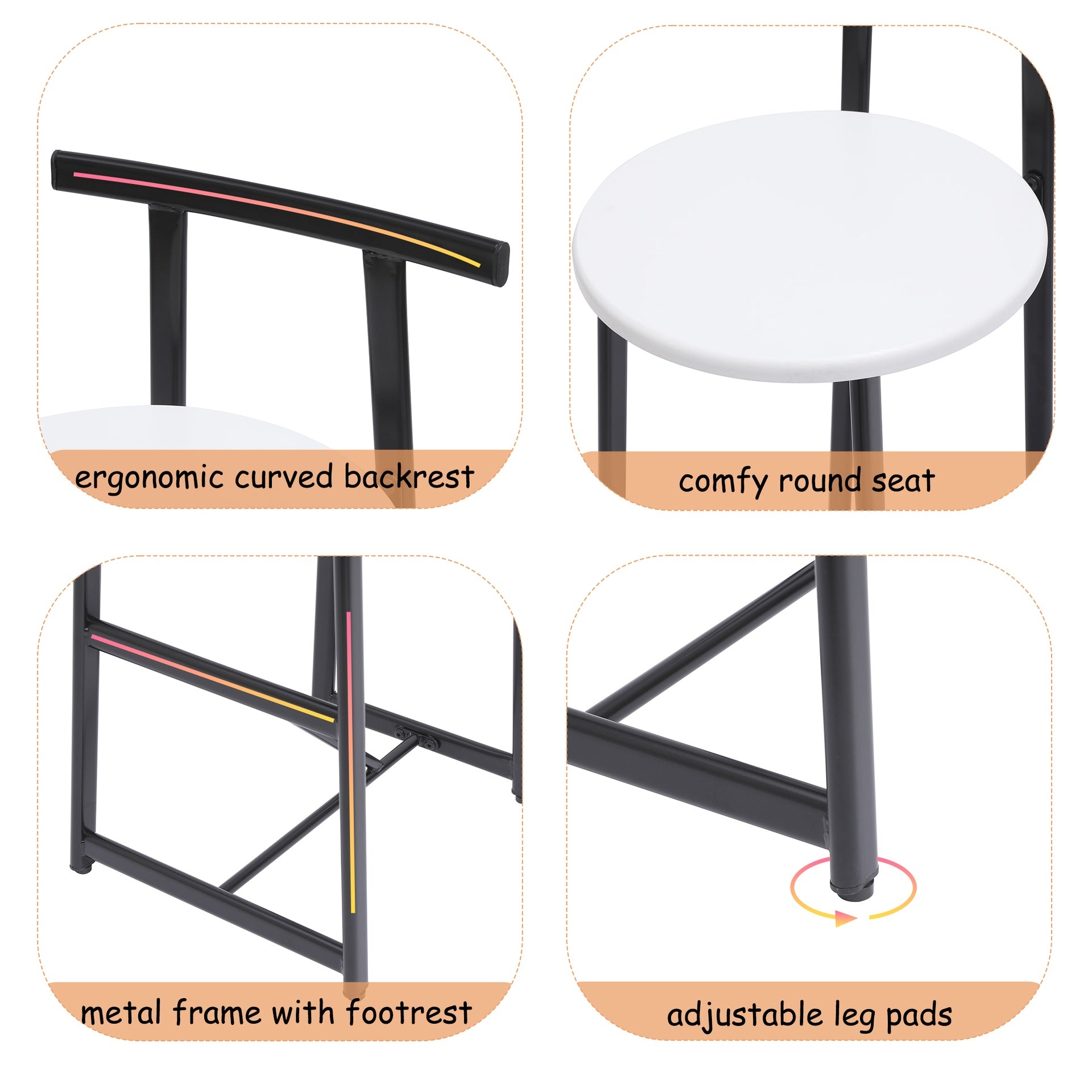 Bar Stools Kitchen Island Bar Chairs Set of 3 Metal Counter Barstools with Backrest for Dining Pub Room (Black & White)
