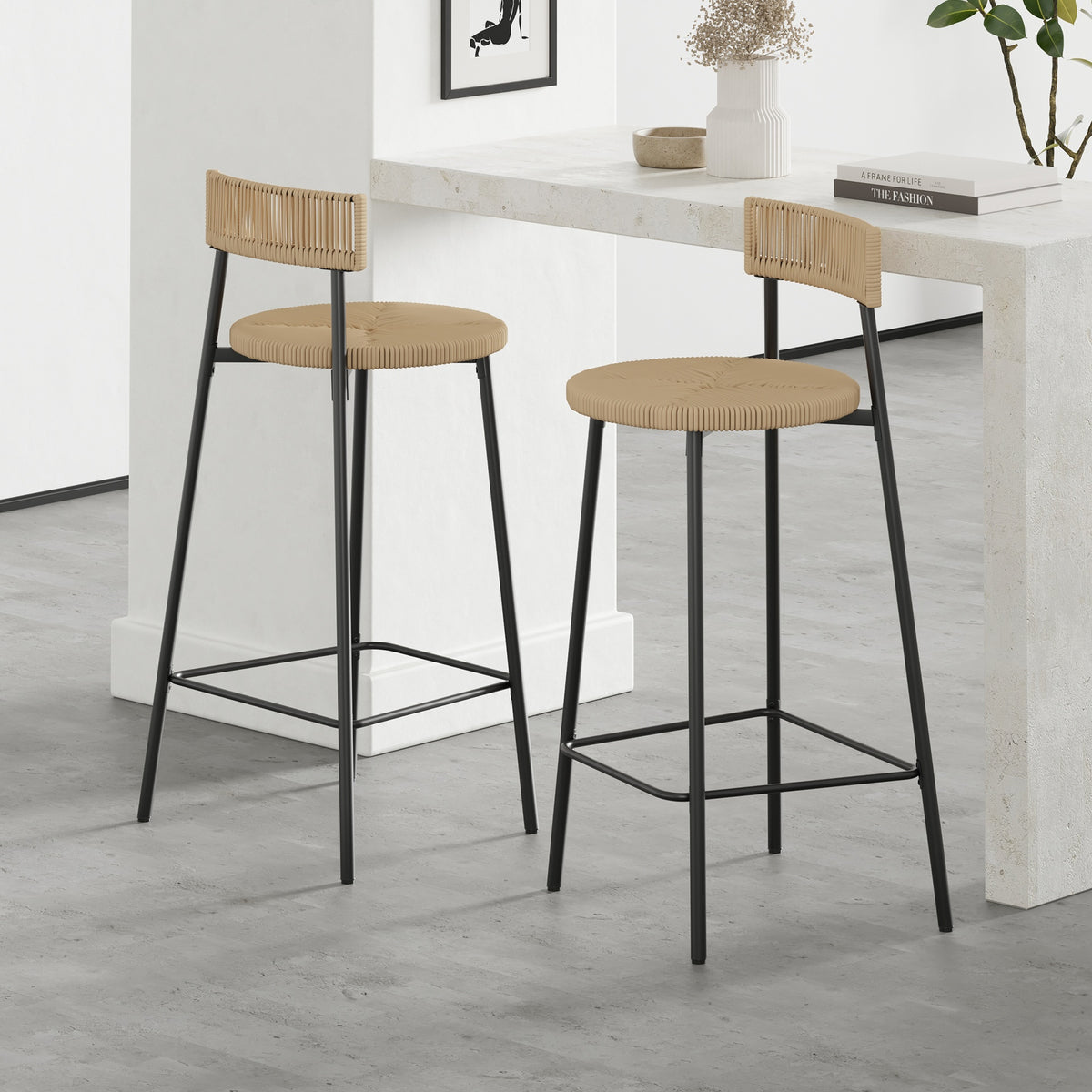 Hand Woven Bar Stools with Back Set of 2 Paper Rope Round Barstools with Footrest for Kitchen Island & Dining Rooms (Black & Honey)