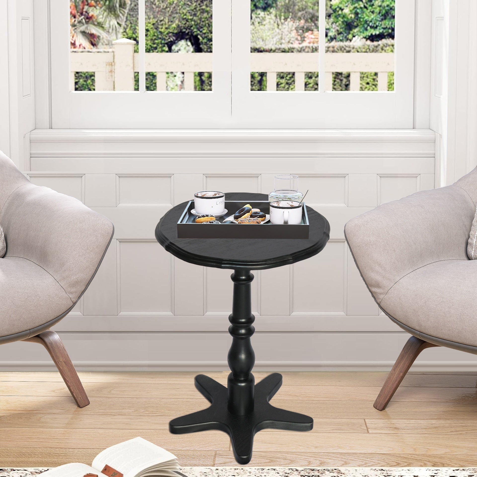 15.75 inch Round Small End Table, Wooden Pedestal Side Coffee Tables, Vintage Accent Nightstand for Living Room, Bedroom, Entryway (Black)