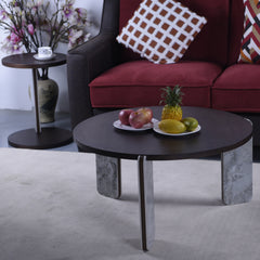Modern Coffee Table with End Table Set, Durable walnut veneered MDF 83cm diameter Center Table with a 43cm diameter Side Table for Living Room, study room, strong and stable sintered stone legs/base