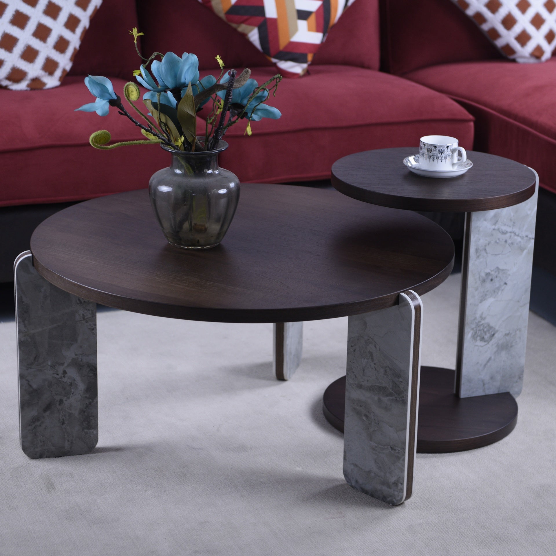 Modern Coffee Table with End Table Set, Durable walnut veneered MDF 83cm diameter Center Table with a 43cm diameter Side Table for Living Room, study room, strong and stable sintered stone legs/base