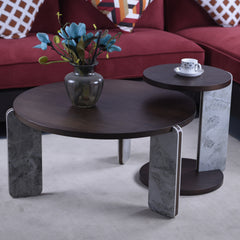 Modern Coffee Table with End Table Set, Durable walnut veneered MDF 83cm diameter Center Table with a 43cm diameter Side Table for Living Room, study room, strong and stable sintered stone legs/base