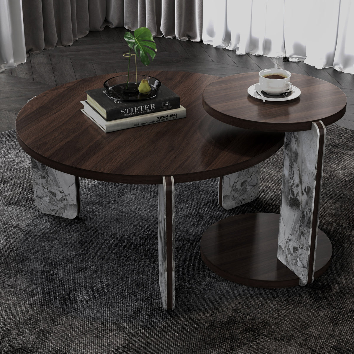 Modern Coffee Table with End Table Set, Durable walnut veneered MDF 83cm diameter Center Table with a 43cm diameter Side Table for Living Room, study room, strong and stable sintered stone legs/base