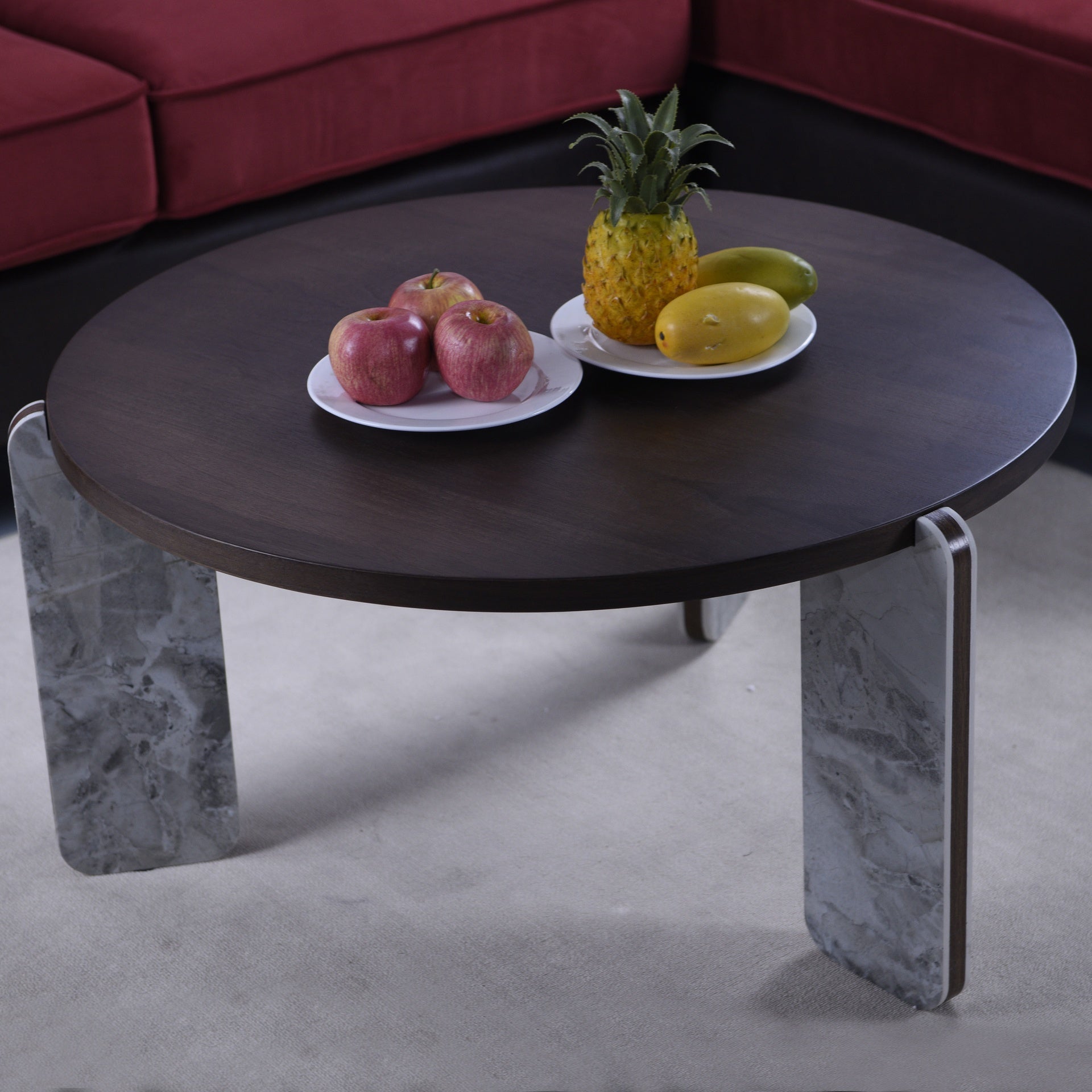 Modern Coffee Table with End Table Set, Durable walnut veneered MDF 83cm diameter Center Table with a 43cm diameter Side Table for Living Room, study room, strong and stable sintered stone legs/base