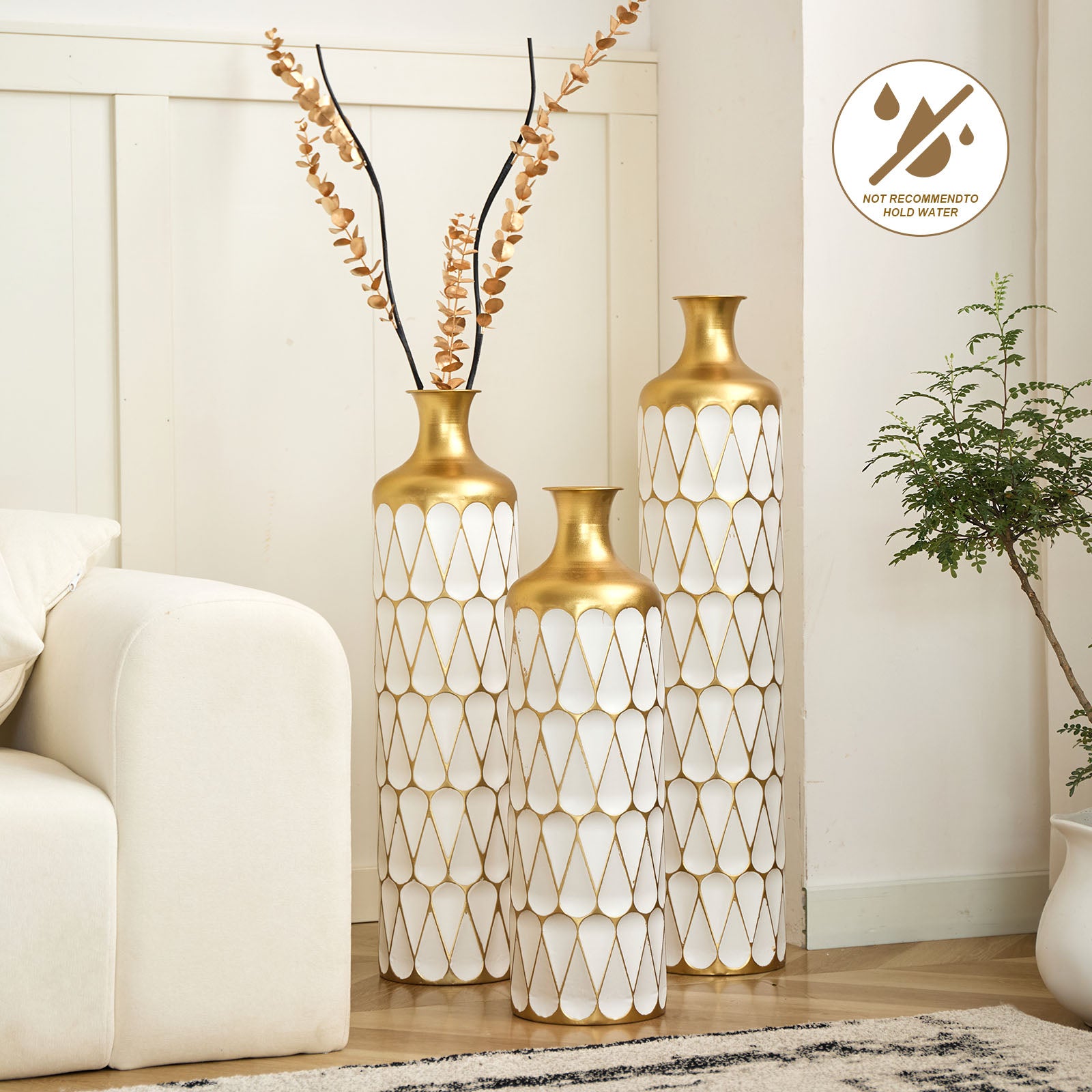 Set of 3 Gold and White Geometric Metal Vases, 31.5/27.17/22.83 Inch Tall Floor Vases for Home Decor, Decorative Centerpiece for Modern Farmhouse & Glam Living Room Entryway