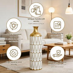 Set of 3 Gold and White Geometric Metal Vases, 31.5/27.17/22.83 Inch Tall Floor Vases for Home Decor, Decorative Centerpiece for Modern Farmhouse & Glam Living Room Entryway