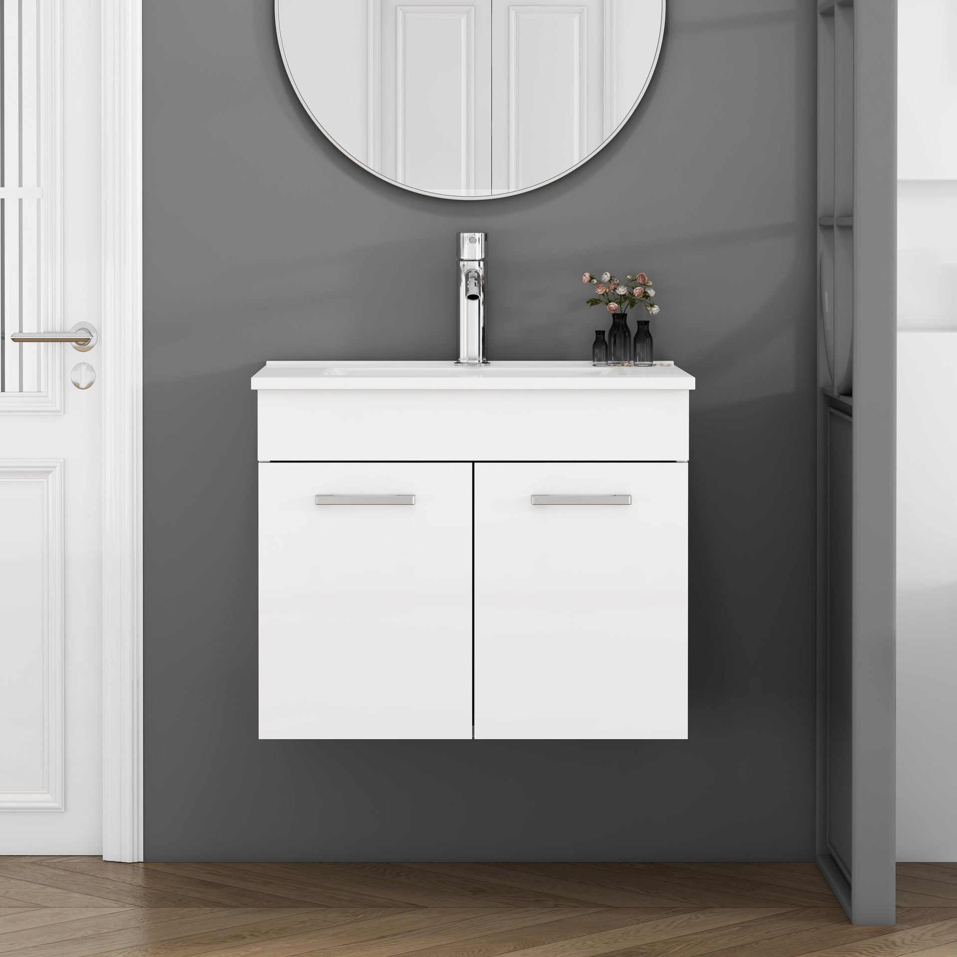 24-Inch Bathroom Vanity With Sink Combo,Wall-Mounted Bathroom Vanity with Double Doors, Wall Mount Bathroom Cabinet,,Soft Close Hinges,Long metal handles,Ceramic basin,Glossy White
