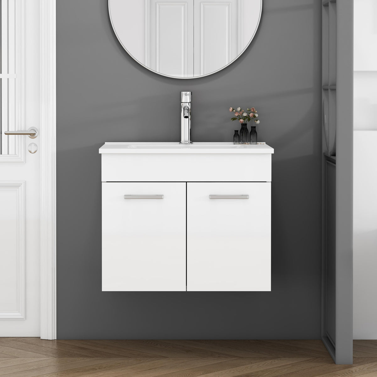24-Inch Bathroom Vanity With Sink Combo,Wall-Mounted Bathroom Vanity with Double Doors, Wall Mount Bathroom Cabinet,,Soft Close Hinges,Long metal handles,Ceramic basin,Glossy White