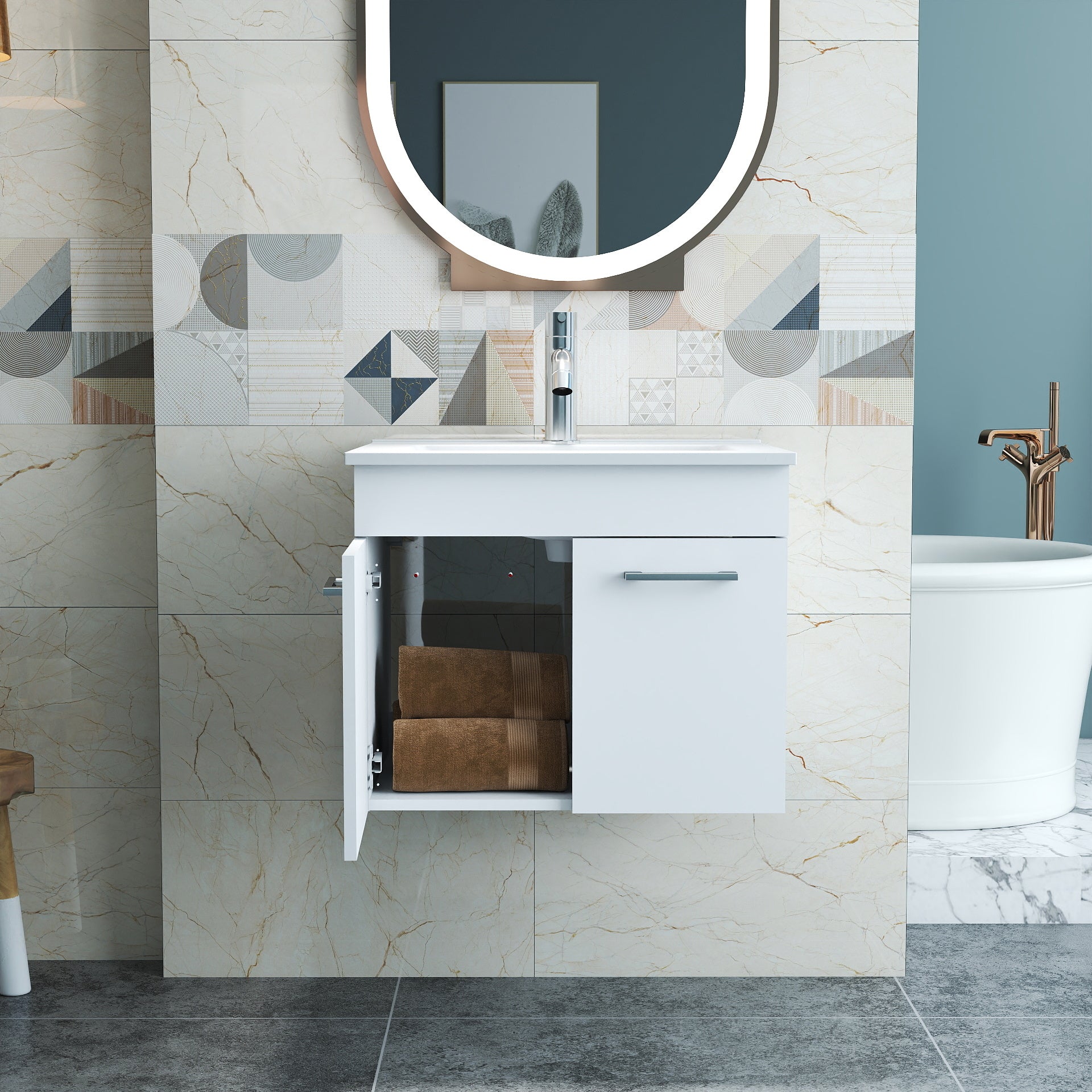 24-Inch Bathroom Vanity With Sink Combo,Wall-Mounted Bathroom Vanity with Double Doors, Wall Mount Bathroom Cabinet,,Soft Close Hinges,Long metal handles,Ceramic basin,Glossy White