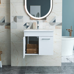 24-Inch Bathroom Vanity With Sink Combo,Wall-Mounted Bathroom Vanity with Double Doors, Wall Mount Bathroom Cabinet,,Soft Close Hinges,Long metal handles,Ceramic basin,Glossy White