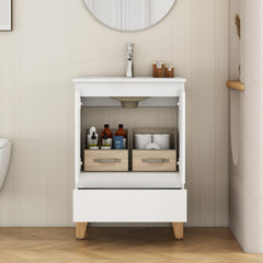 24-Inch Modern Bathroom Vanity With Sink Combo, Cabinet with 2 Doors and 1 Drawer, Soft-Clost System,Handle-Free Design,Natural Solid Wood Feet,Ceramic Basin,Easy Assemble,Glossy White