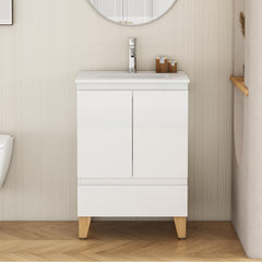 24-Inch Modern Bathroom Vanity With Sink Combo, Cabinet with 2 Doors and 1 Drawer, Soft-Clost System,Handle-Free Design,Natural Solid Wood Feet,Ceramic Basin,Easy Assemble,Glossy White