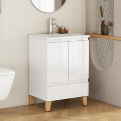 24-Inch Modern Bathroom Vanity With Sink Combo, Cabinet with 2 Doors and 1 Drawer, Soft-Clost System,Handle-Free Design,Natural Solid Wood Feet,Ceramic Basin,Easy Assemble,Glossy White