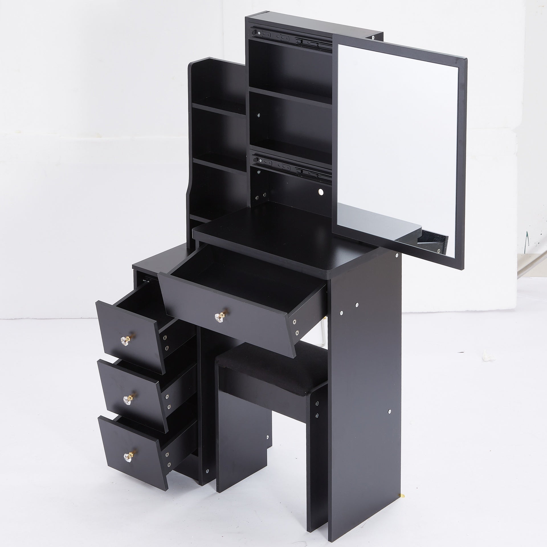 29.2 inch  Small Space Left Bedside Cabinet Vanity Table + Cushioned Stool, Extra Large Right sliding mirror, Multi Layer High Capacity Storage, Practical Fashionable Dresser, Suitable For Small Space