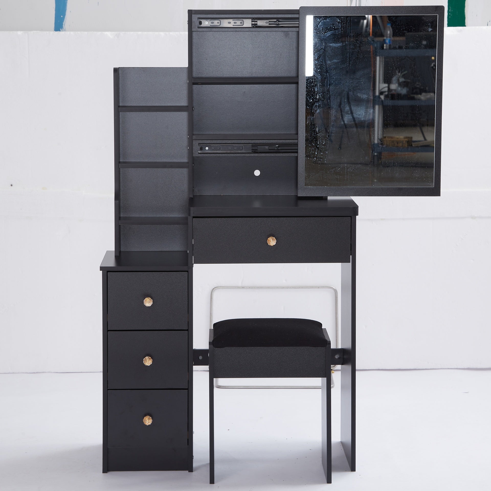 29.2 inch  Small Space Left Bedside Cabinet Vanity Table + Cushioned Stool, Extra Large Right sliding mirror, Multi Layer High Capacity Storage, Practical Fashionable Dresser, Suitable For Small Space