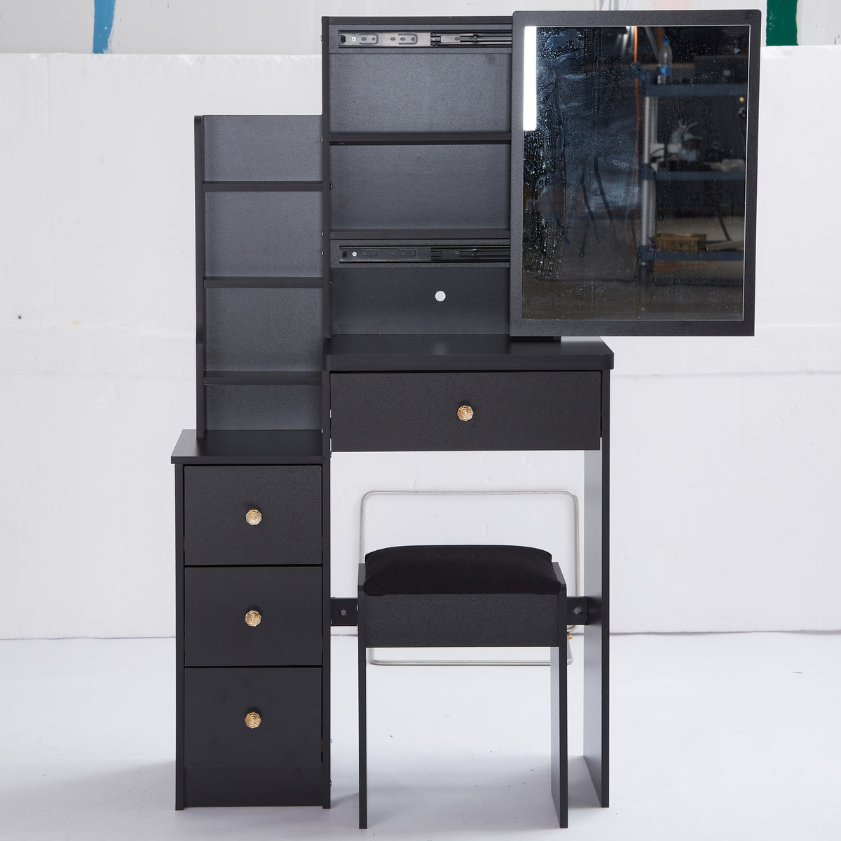 29.2 inch  Small Space Left Bedside Cabinet Vanity Table + Cushioned Stool, Extra Large Right sliding mirror, Multi Layer High Capacity Storage, Practical Fashionable Dresser, Suitable For Small Space