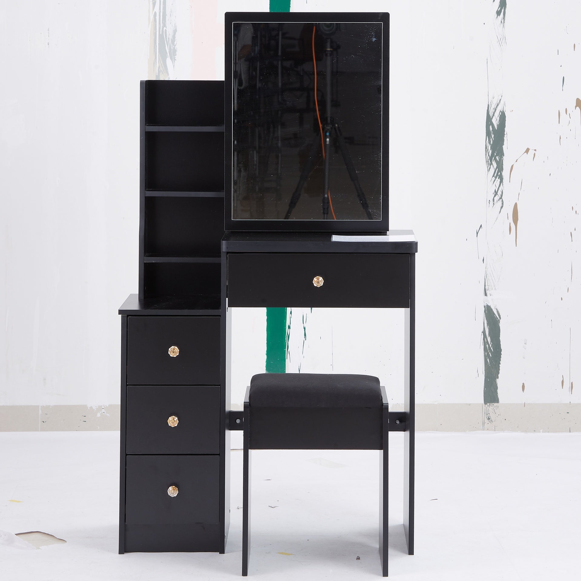 29.2 inch  Small Space Left Bedside Cabinet Vanity Table + Cushioned Stool, Extra Large Right sliding mirror, Multi Layer High Capacity Storage, Practical Fashionable Dresser, Suitable For Small Space