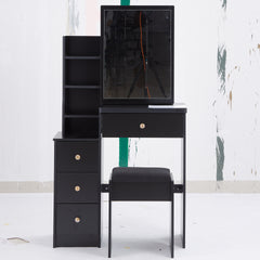 29.2 inch  Small Space Left Bedside Cabinet Vanity Table + Cushioned Stool, Extra Large Right sliding mirror, Multi Layer High Capacity Storage, Practical Fashionable Dresser, Suitable For Small Space