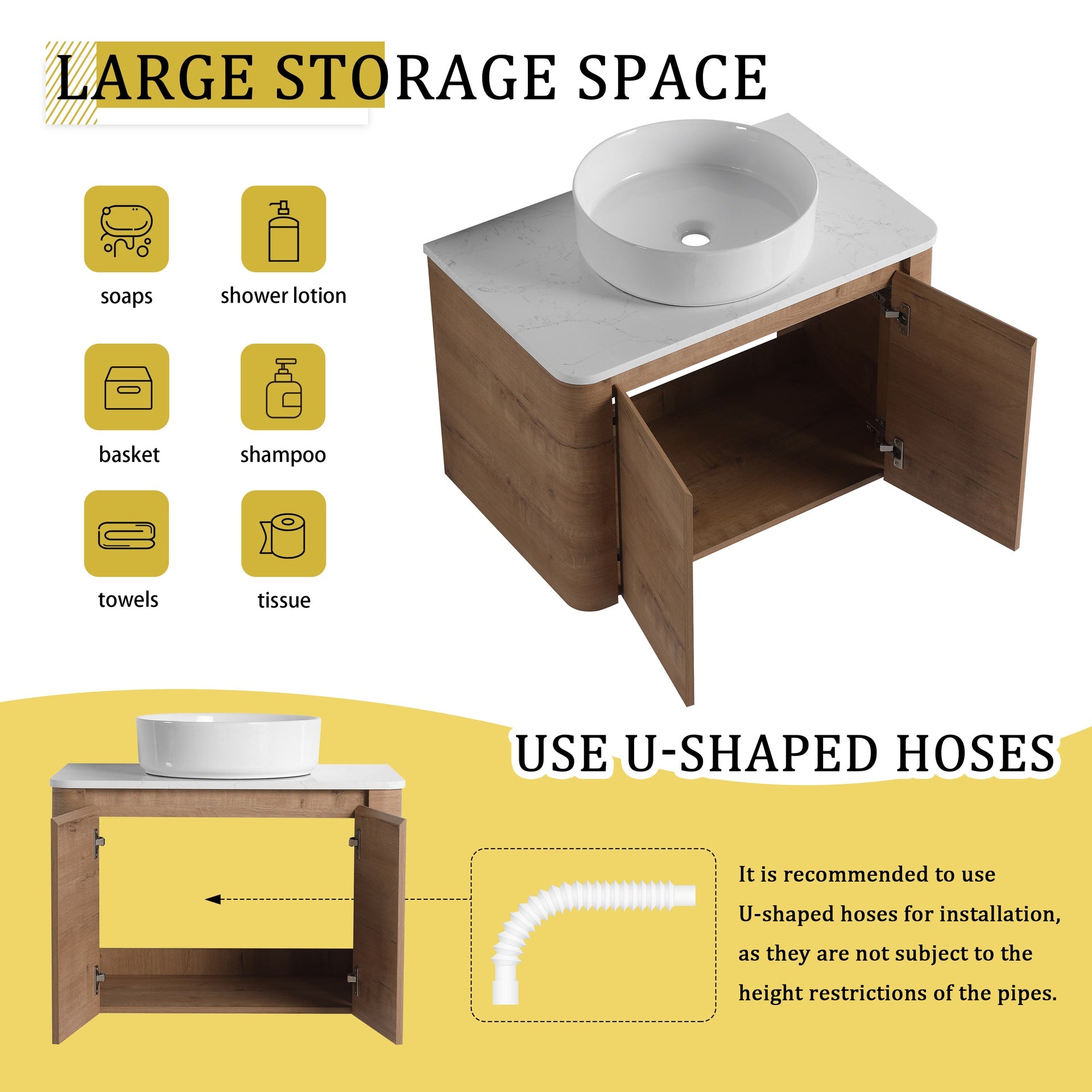 30'' Wall-Mounted Bathroom Vanity With Ceramic Art Sink & 2-Soft-Close Door, KD-Packing, Plywood