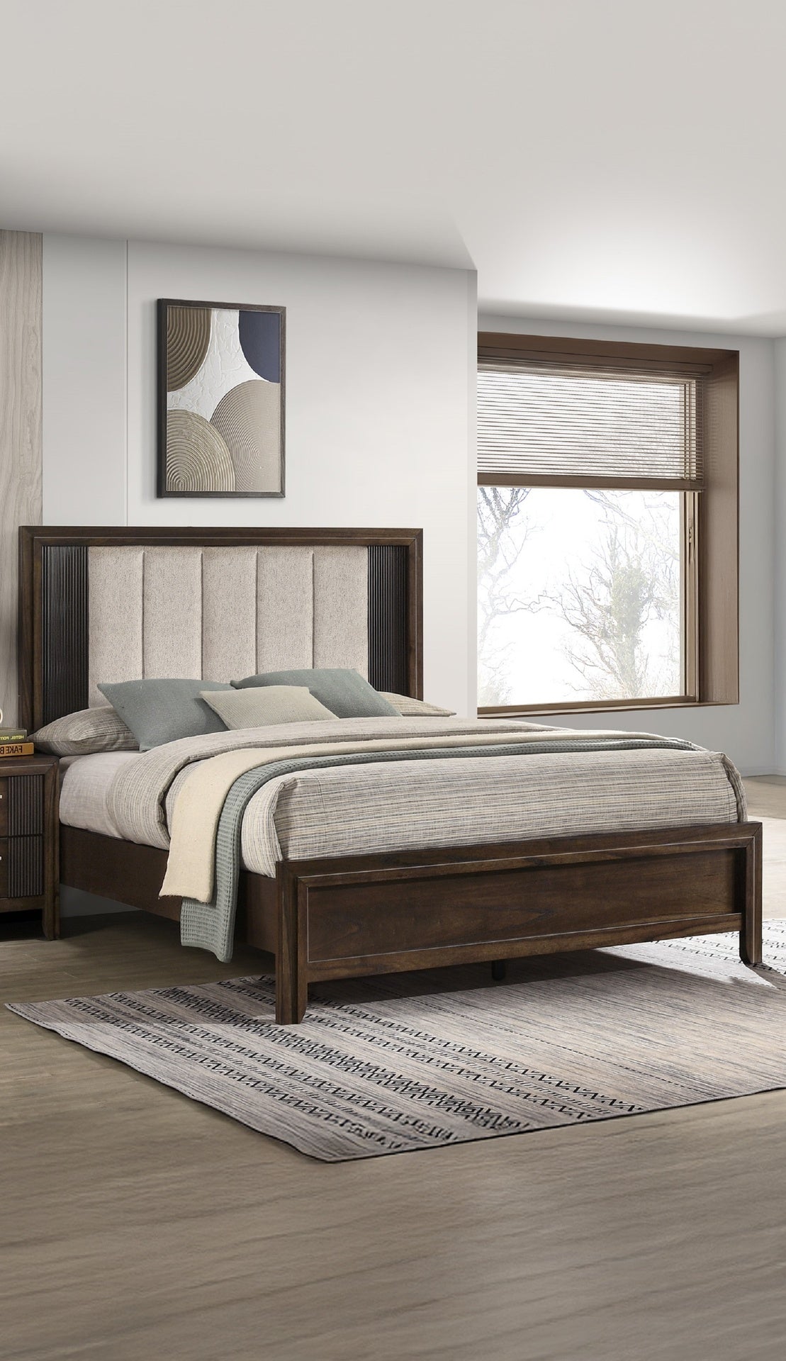 1pc Queen Size Bed Rich Wood Finish Sleek Linear Details Rustic Charm Plush Upholstered Headboard Framed Deep Tones Brown