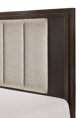 1pc Queen Size Bed Rich Wood Finish Sleek Linear Details Rustic Charm Plush Upholstered Headboard Framed Deep Tones Brown