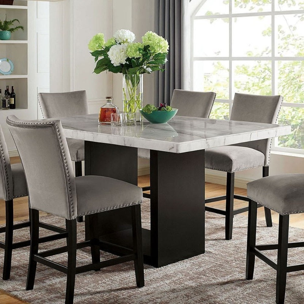 Attractive Elegant White Genuine Marble Table Top 1pc Counter Height Dining Table Sturdy Design Solidwood Base Dining Room High Table