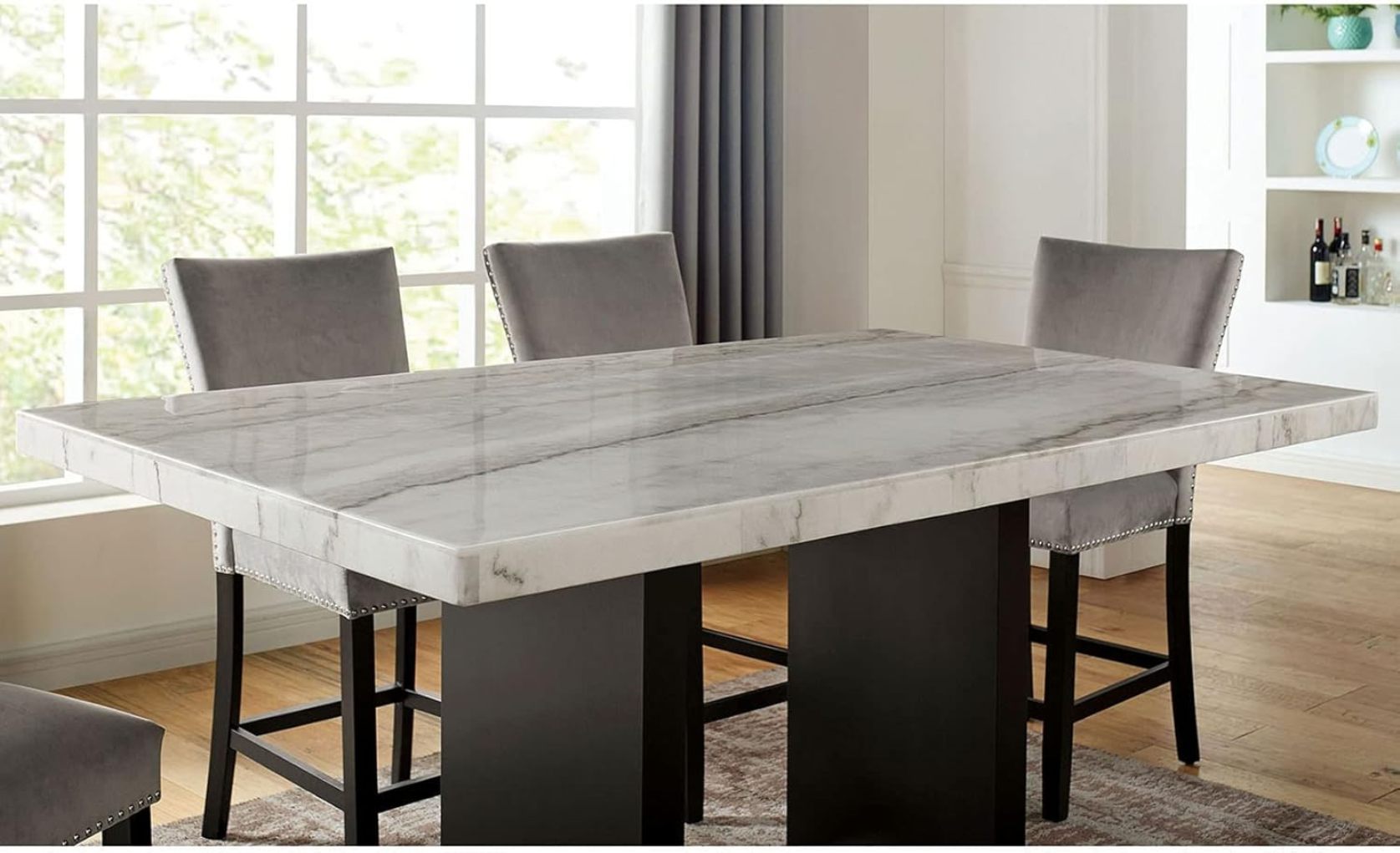 Attractive Elegant White Genuine Marble Table Top 1pc Counter Height Dining Table Sturdy Design Solidwood Base Dining Room High Table