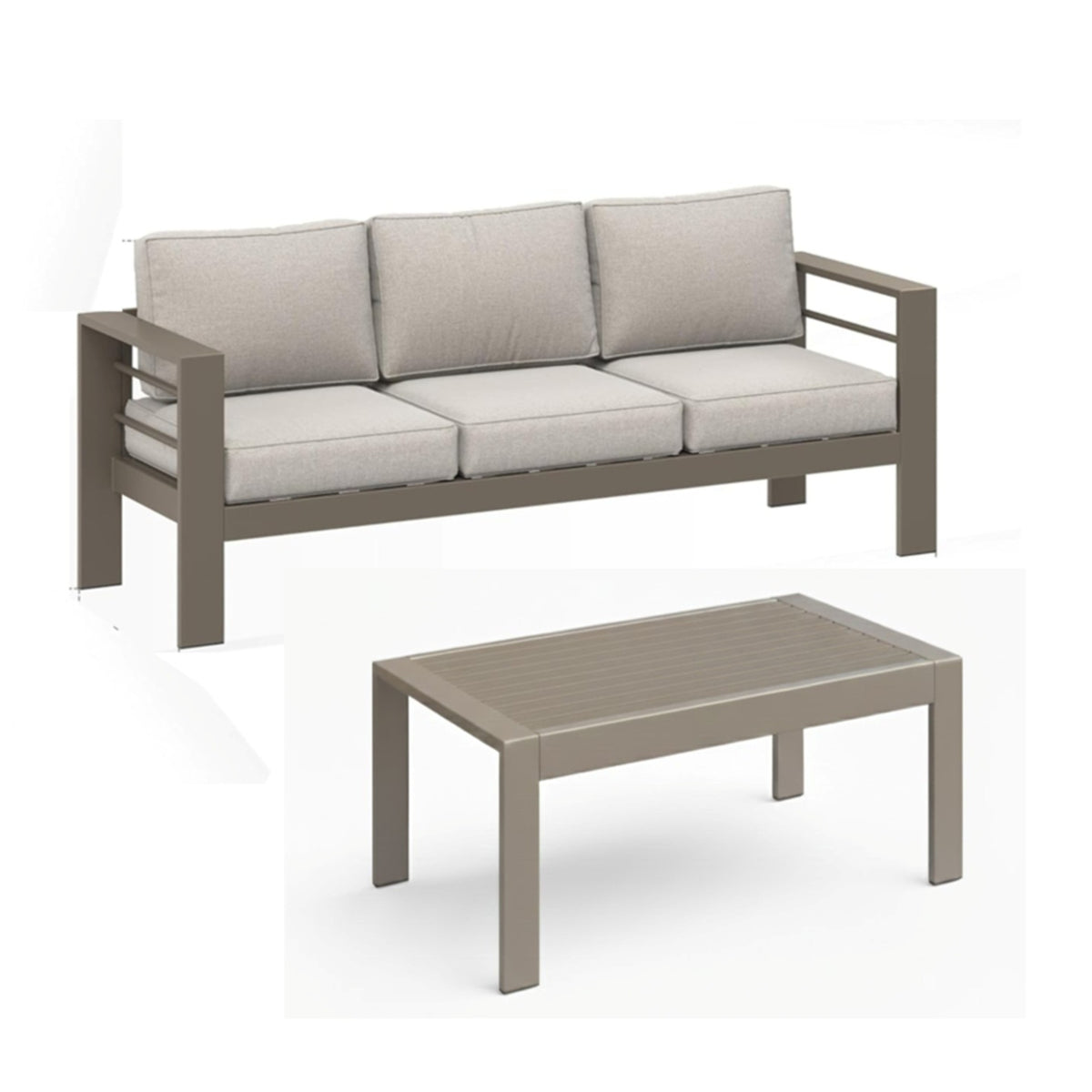 2 Pieces Outdoor Patio Set, All-Weather 75” 3-Seat Metal Patio Sofa Couch with Thick Beige Cushions, Khaki Frame and 43” Coffee Table