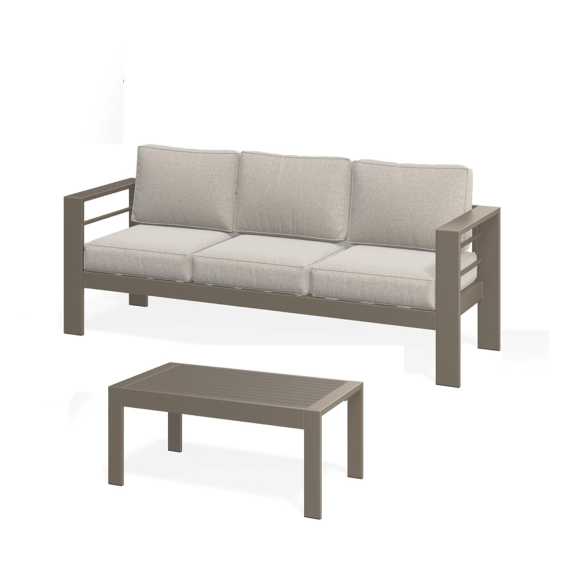 2 Pieces Outdoor Patio Set, All-Weather 75” 3-Seat Metal Patio Sofa Couch with Thick Beige Cushions, Khaki Frame and 43” Coffee Table