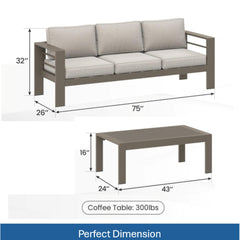 2 Pieces Outdoor Patio Set, All-Weather 75” 3-Seat Metal Patio Sofa Couch with Thick Beige Cushions, Khaki Frame and 43” Coffee Table