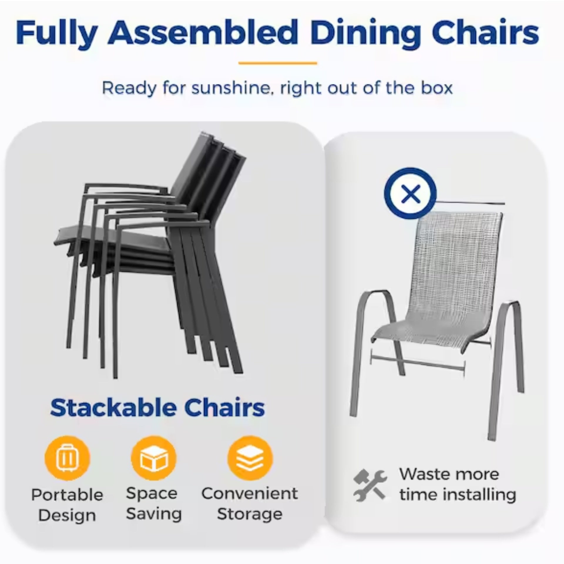 Set of 4 Aluminum Patio Dining Chairs, 22.44 Inches Width Fully Assembled Stackable Gray Outdoor Chairs