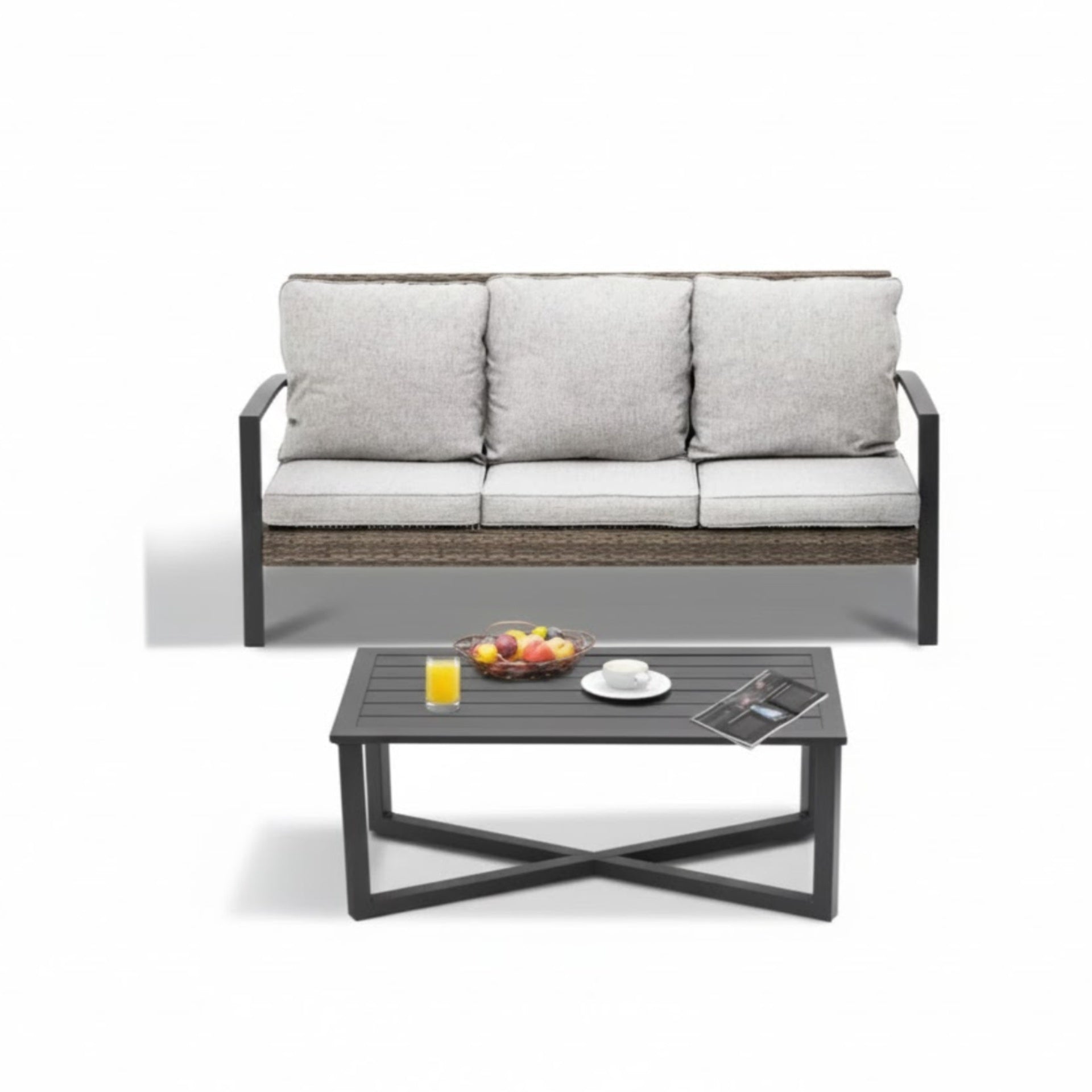 2-Piece Wicker Patio Conversation Set with Gray Cushions & Coffee Table