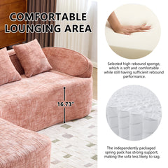 Pink chenille L-shaped compressed sofa that goes well with any living room. It features high-elastic sponge for a comfortable sitting feel,  curved armrests and four throw pillows.