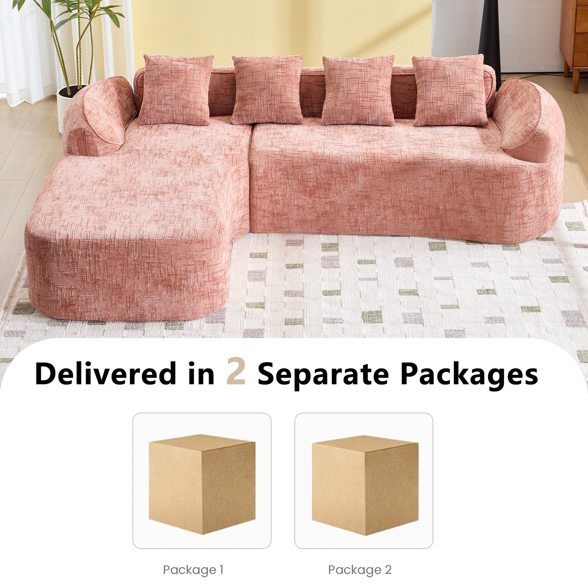 Pink chenille L-shaped compressed sofa that goes well with any living room. It features high-elastic sponge for a comfortable sitting feel,  curved armrests and four throw pillows.