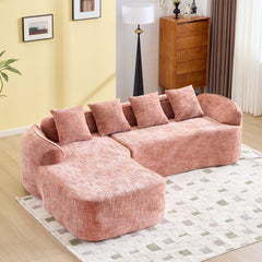 Pink chenille L-shaped compressed sofa that goes well with any living room. It features high-elastic sponge for a comfortable sitting feel,  curved armrests and four throw pillows.
