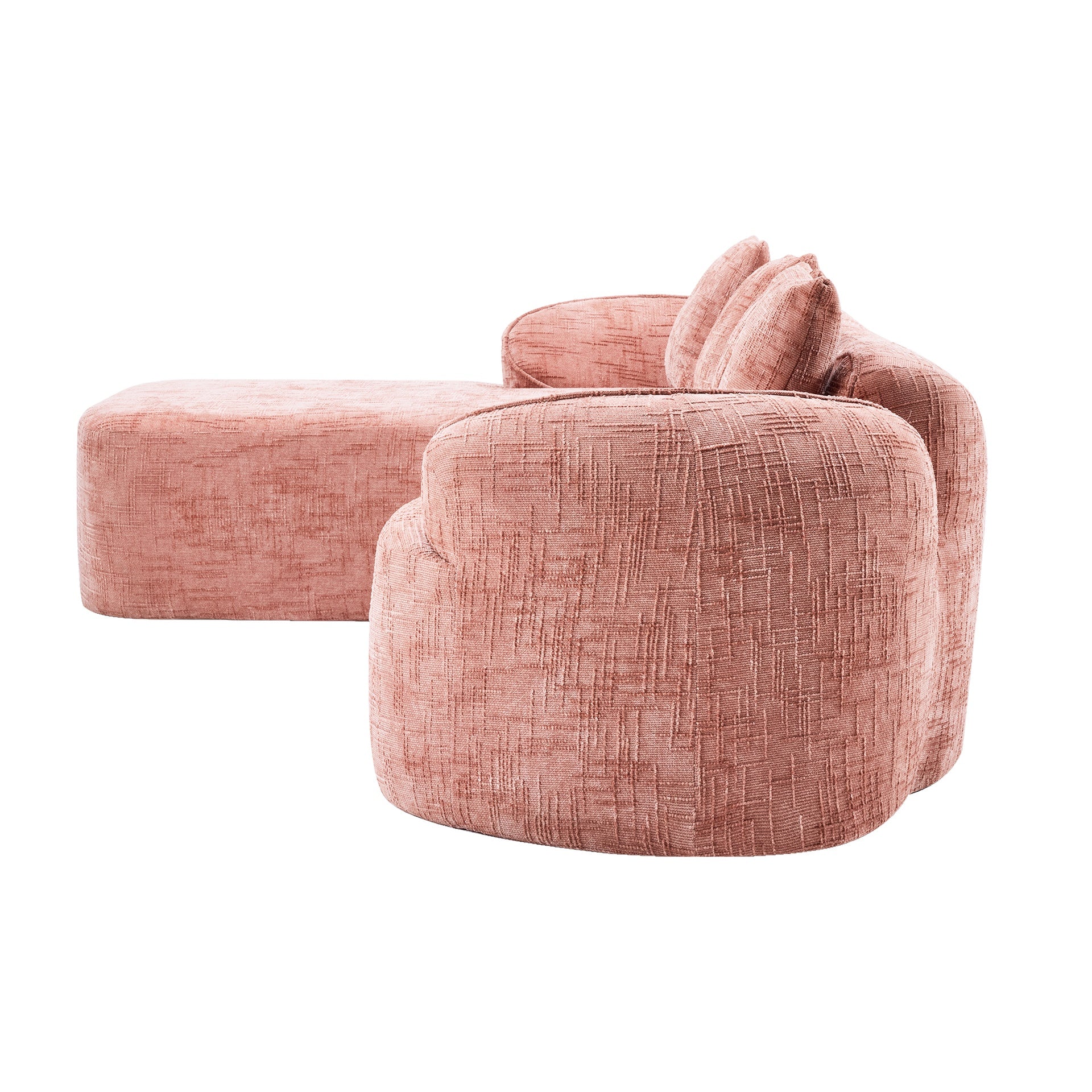 Pink chenille L-shaped compressed sofa that goes well with any living room. It features high-elastic sponge for a comfortable sitting feel,  curved armrests and four throw pillows.