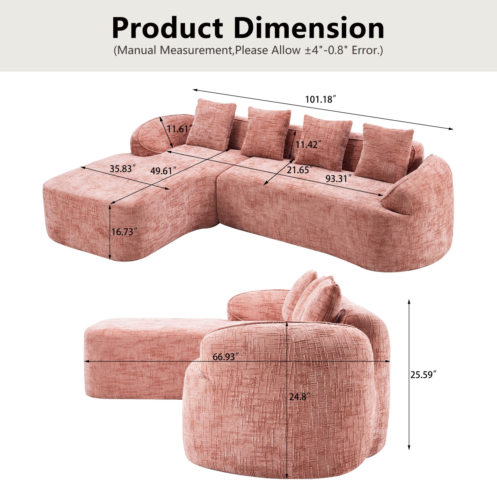 Pink chenille L-shaped compressed sofa that goes well with any living room. It features high-elastic sponge for a comfortable sitting feel,  curved armrests and four throw pillows.