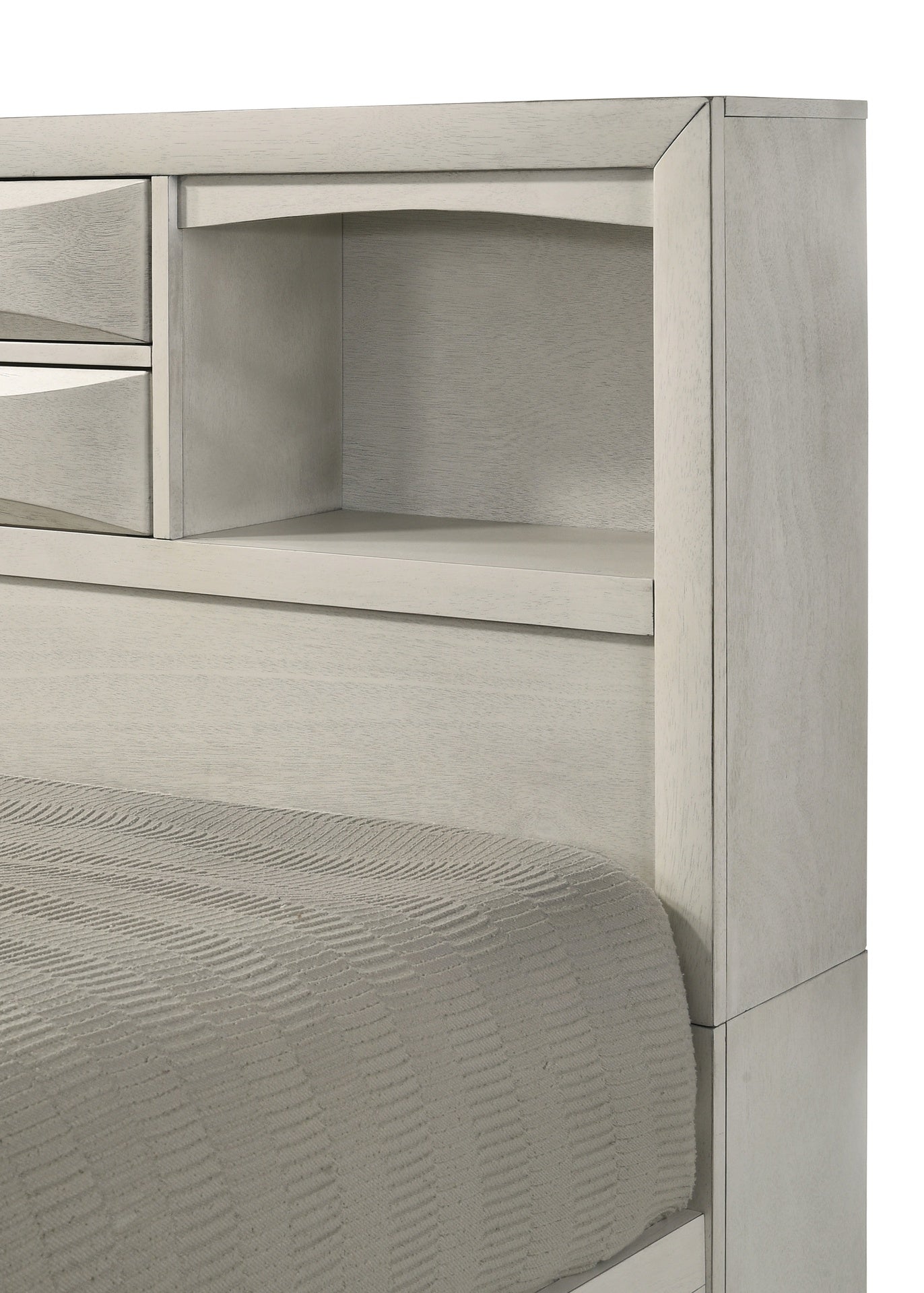 1pc Queen Bed Built-in Shelving Storage Compartments Integrated Storage Drawers Bed Frame Neutral White Finish