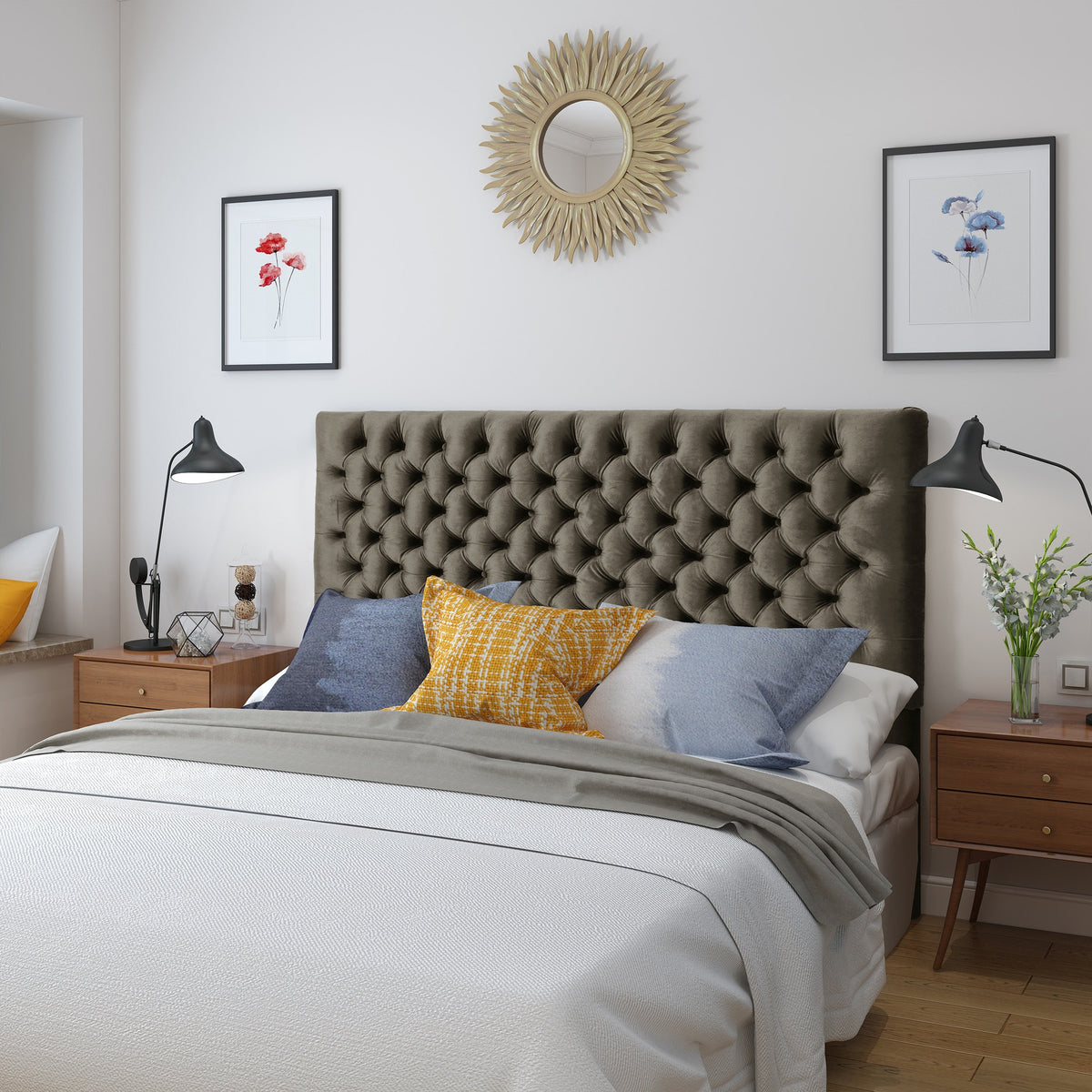 Tufted Upholstered Queen Size Bed Headboard in Modern Button Design, Adjustable Solid Wood Head Board, Solid Wood Head Board with Durable Metal Legs in Bedroom