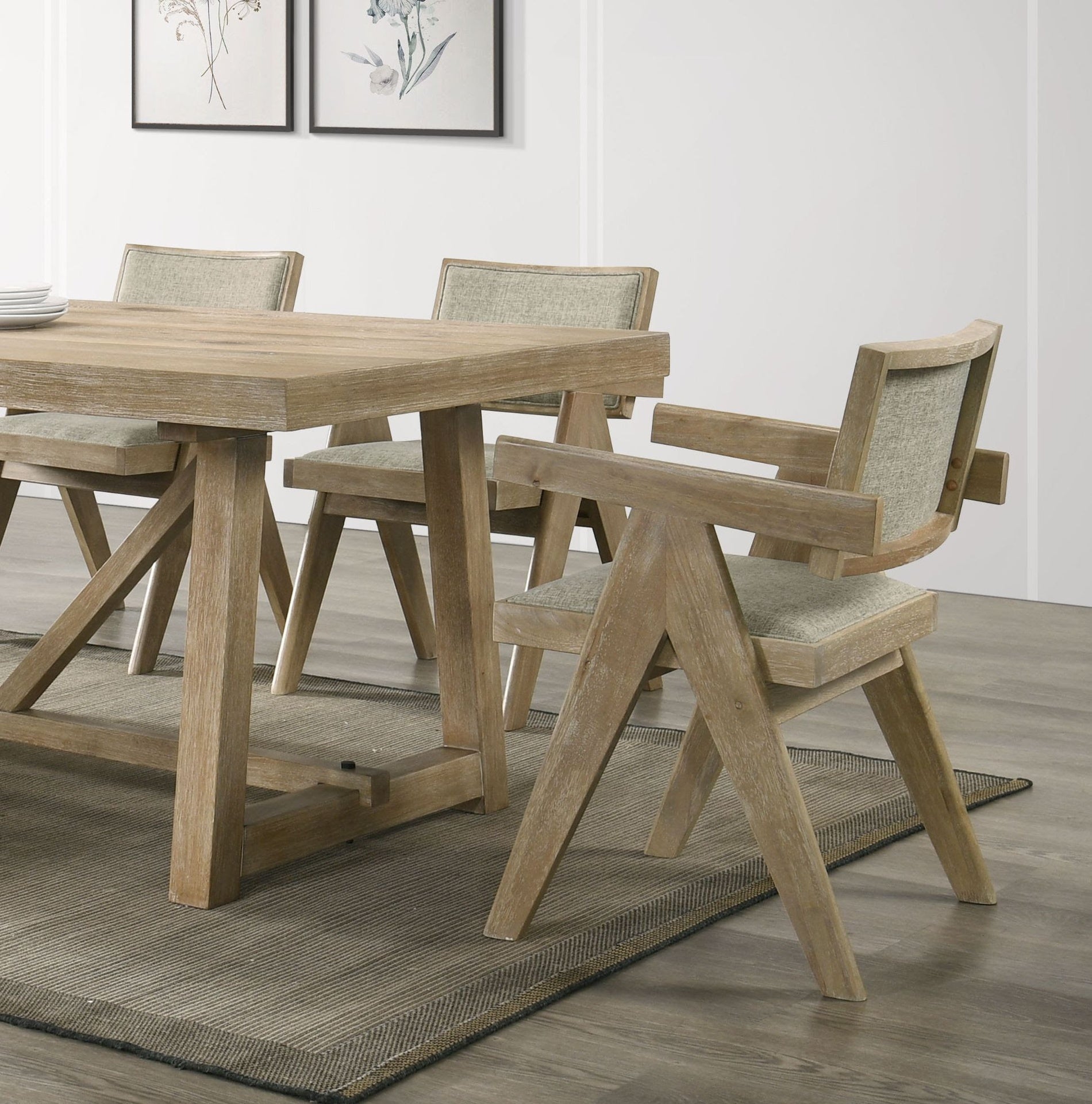 Contemporary Oak Veneer 7pc Dining Set Upholstered Polyester 6x Arm Chairs 1x Table Dining Room