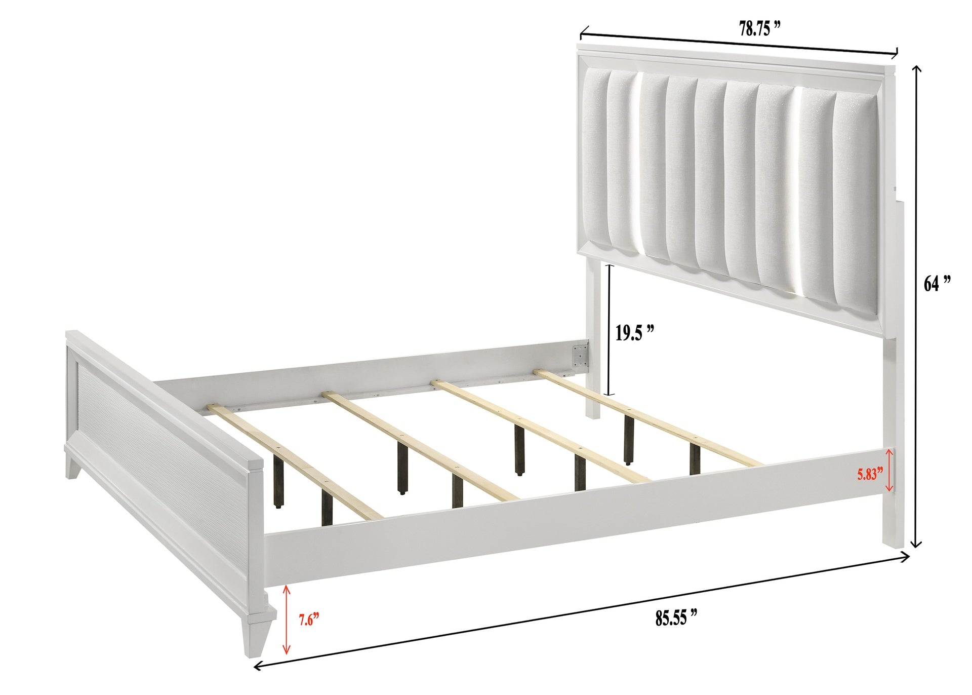 1pc King Size Panel Bed Upholstered Cushion LED Lights Headboard White Finish Wooden Solid Wood Furniture