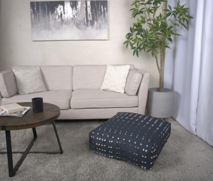 Dalm Fabric Square Pouf, Dark Blue and White