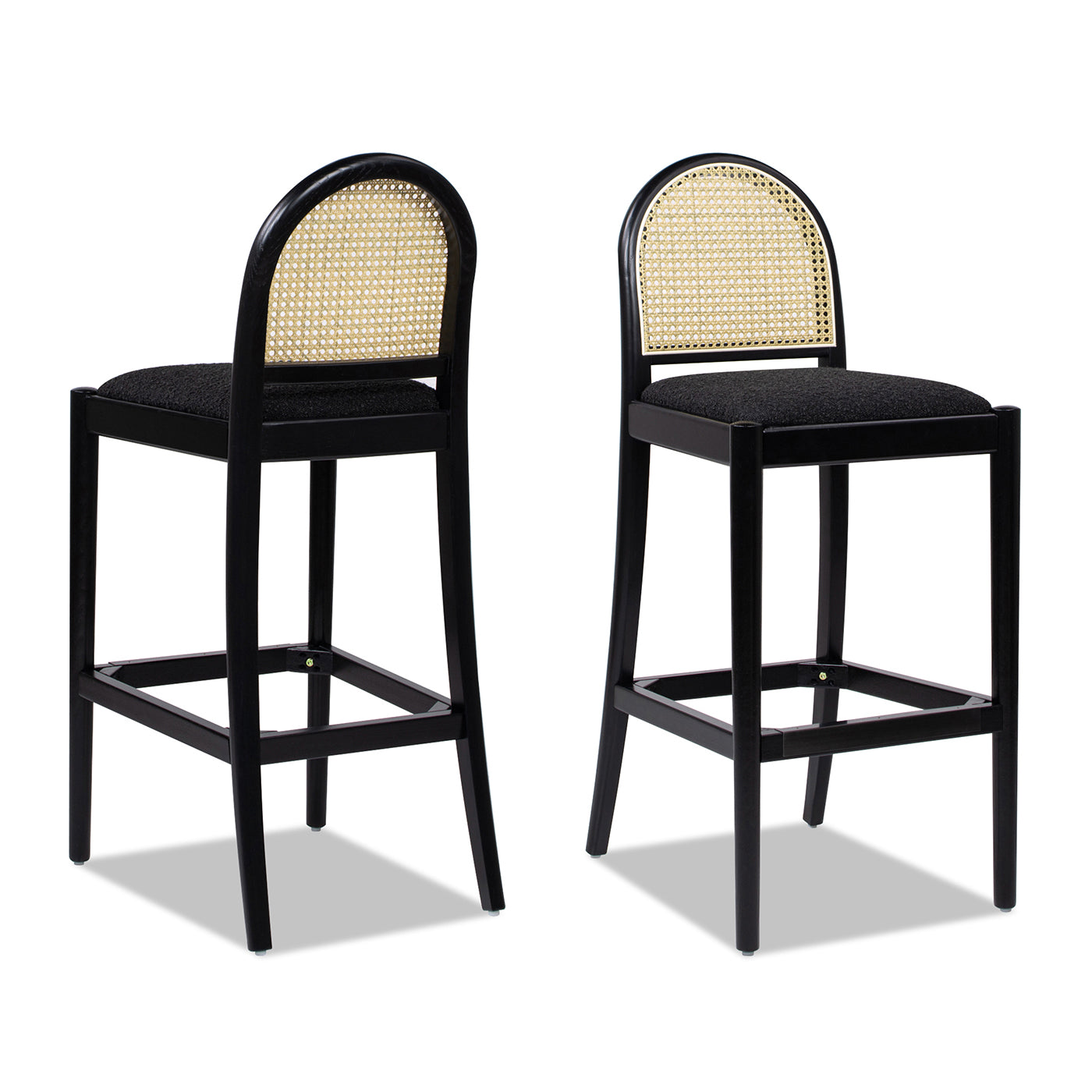 Panama 30.5" Curved Back Cane Rattan Bar Stool, Set of 2, Ebony Black Boucle